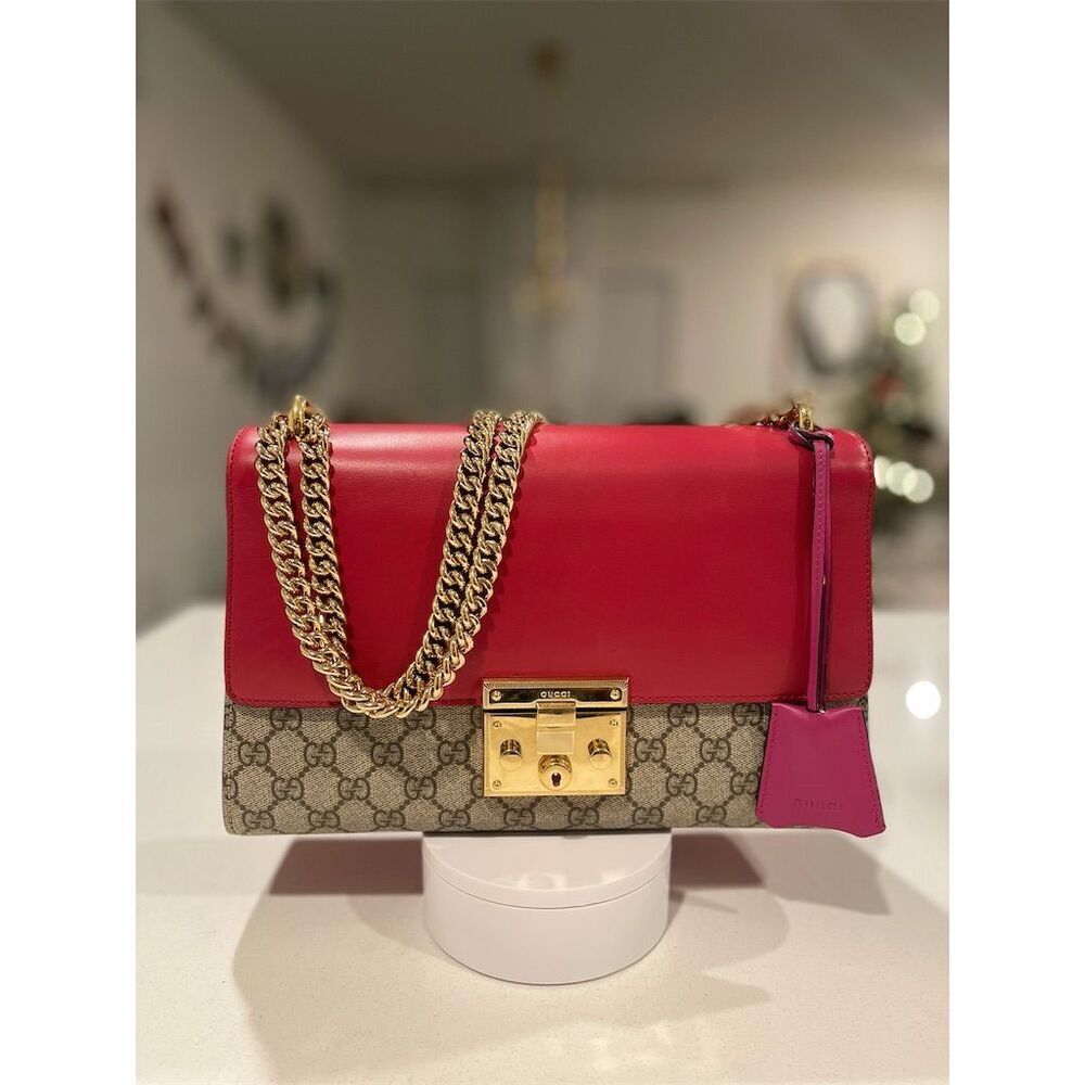 Gucci Women's Red GG Supreme Padlock Medium Shoulder Bag